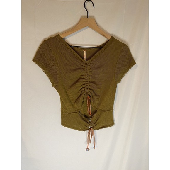 Free People Tops - Free People Size M Green Tie Front Crop Top Knit Boho Hippie